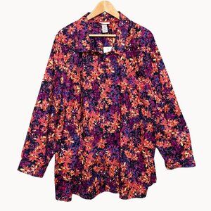 Catherines‎ Womens Dark Floral Button Up Long Sleeve Top Size 3X Fairy Office